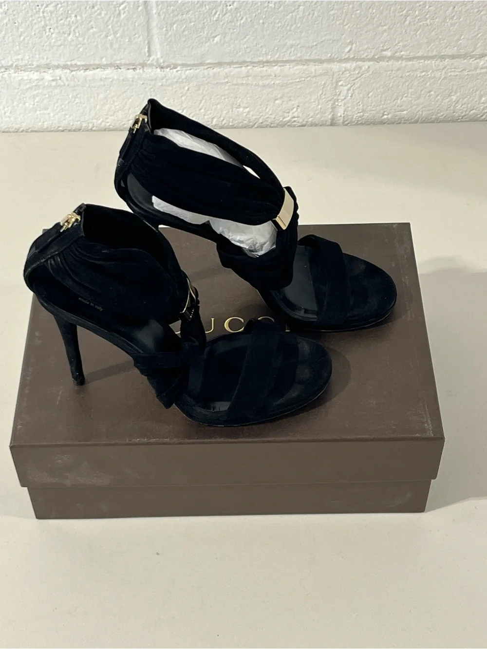 Gucci Black Suede Stiletto Sandals with Gold Accent